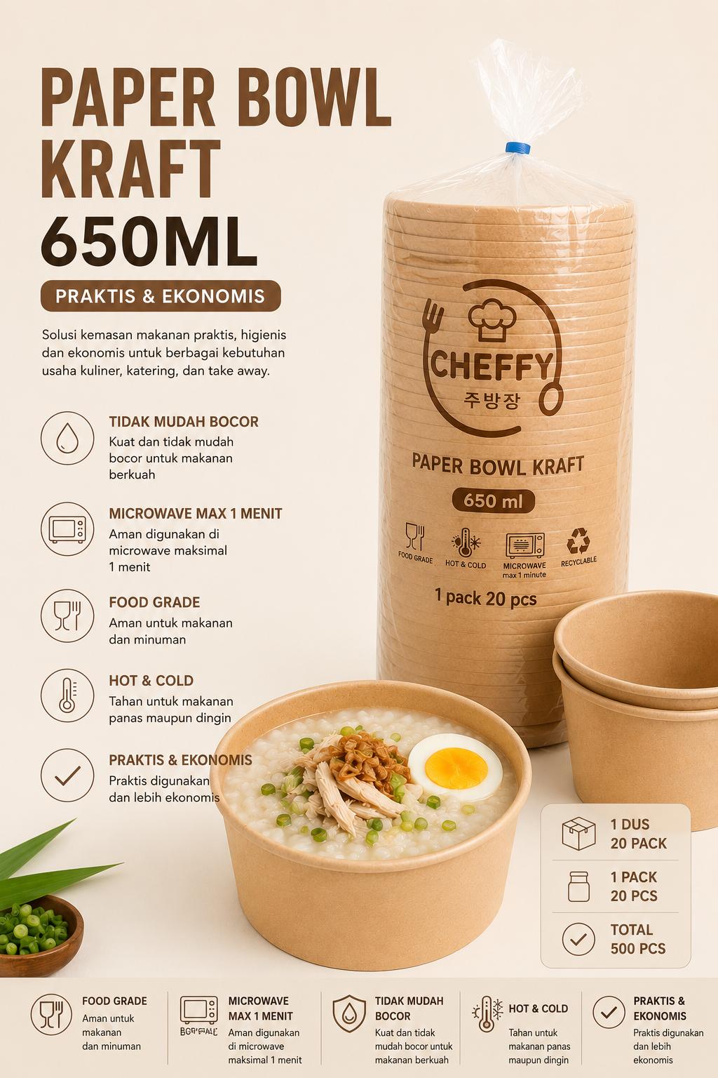 PAPER BOWL KRAFT 650ML CHEPPY @ 20 PACK