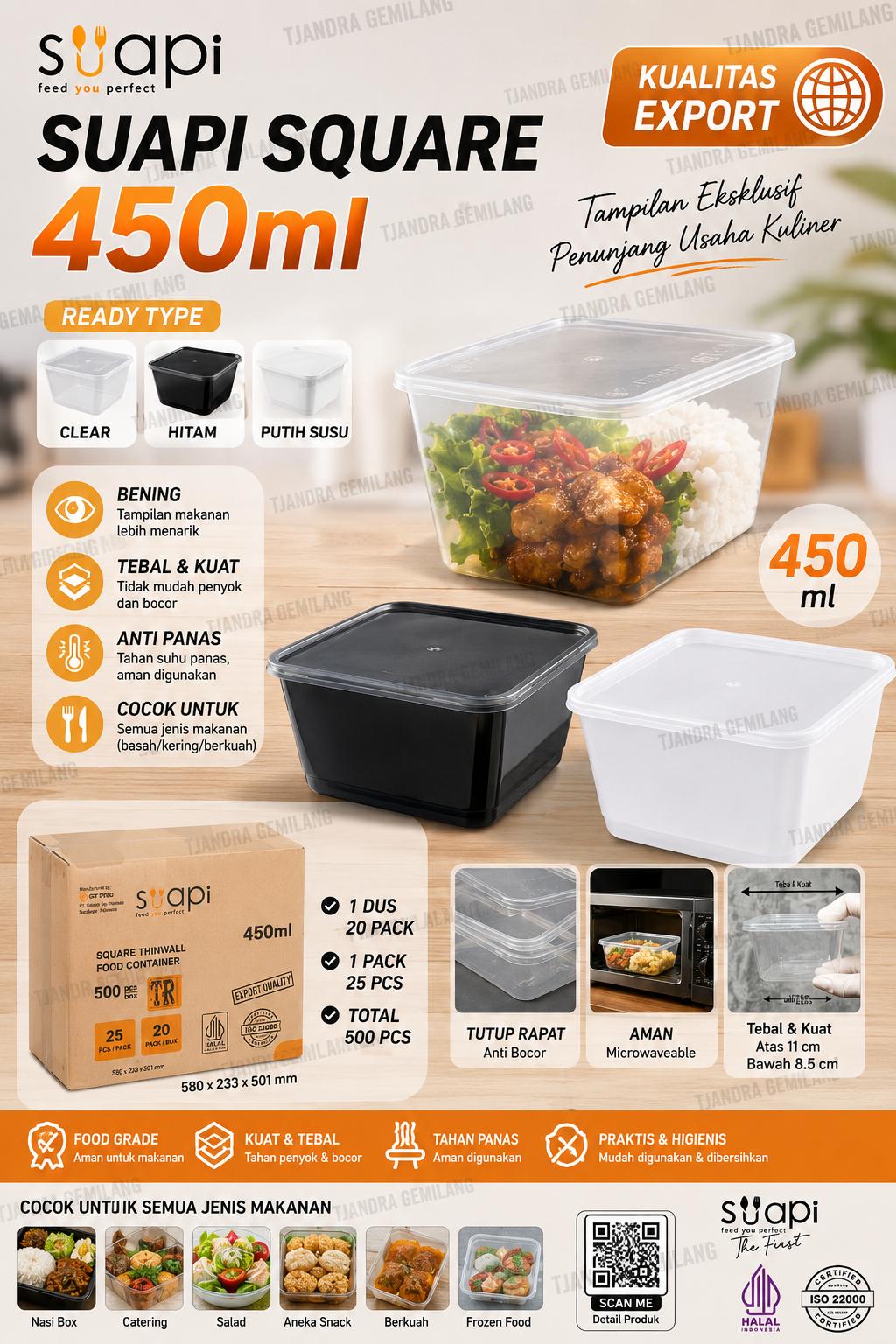 SUAPI TW SQUARE 450ML CLEAR 500PCS @20PACK