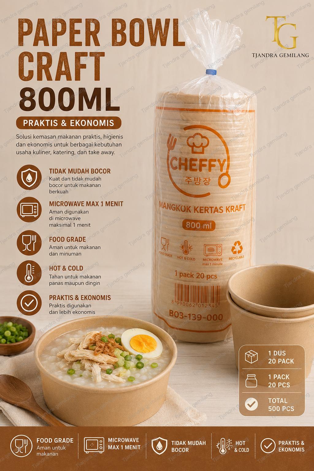 PAPER BOWL KRAFT 800ML CHEPPY @ 20 PACK