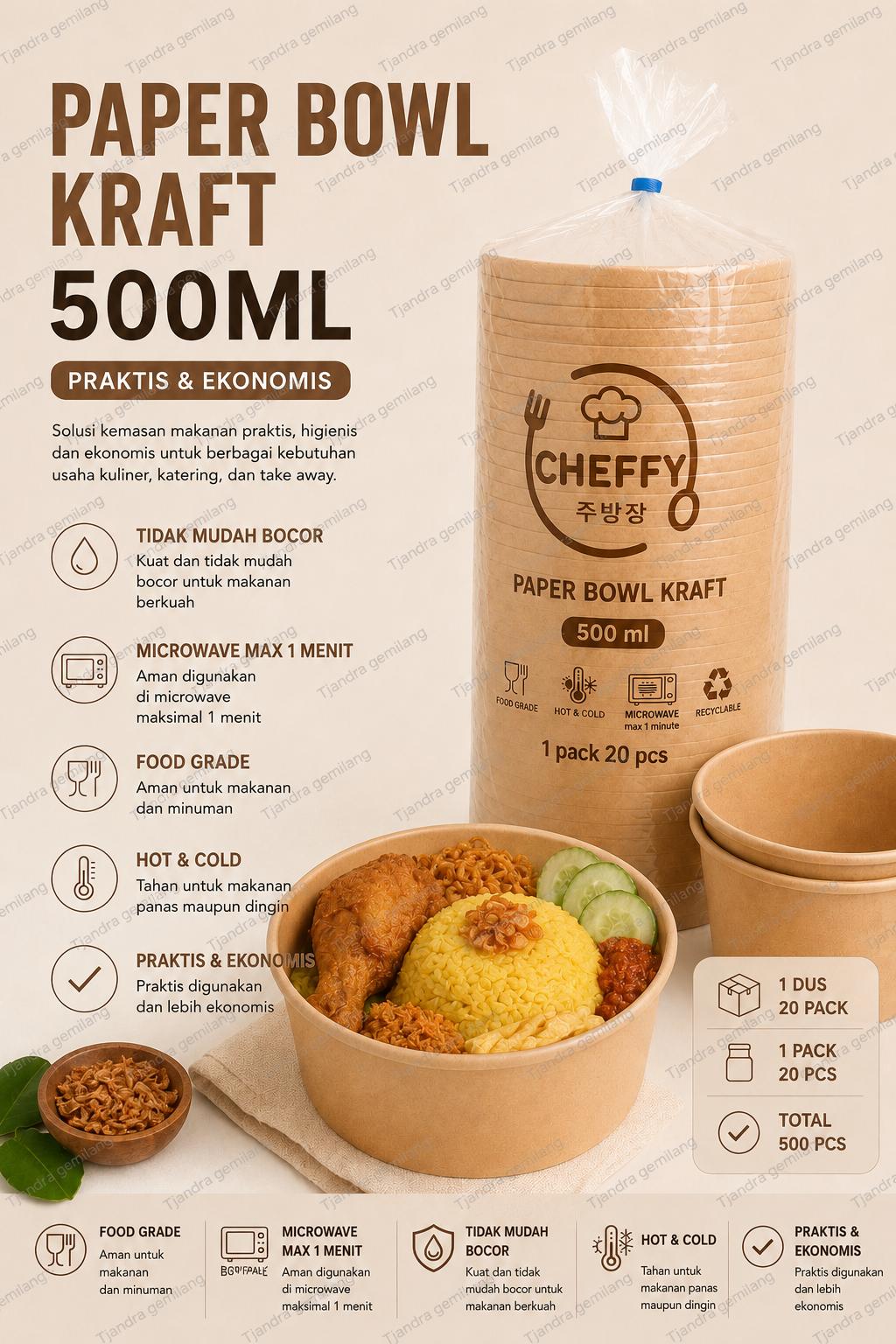 PAPER BOWL KRAFT 500ML CHEPPY @ 20 PACK