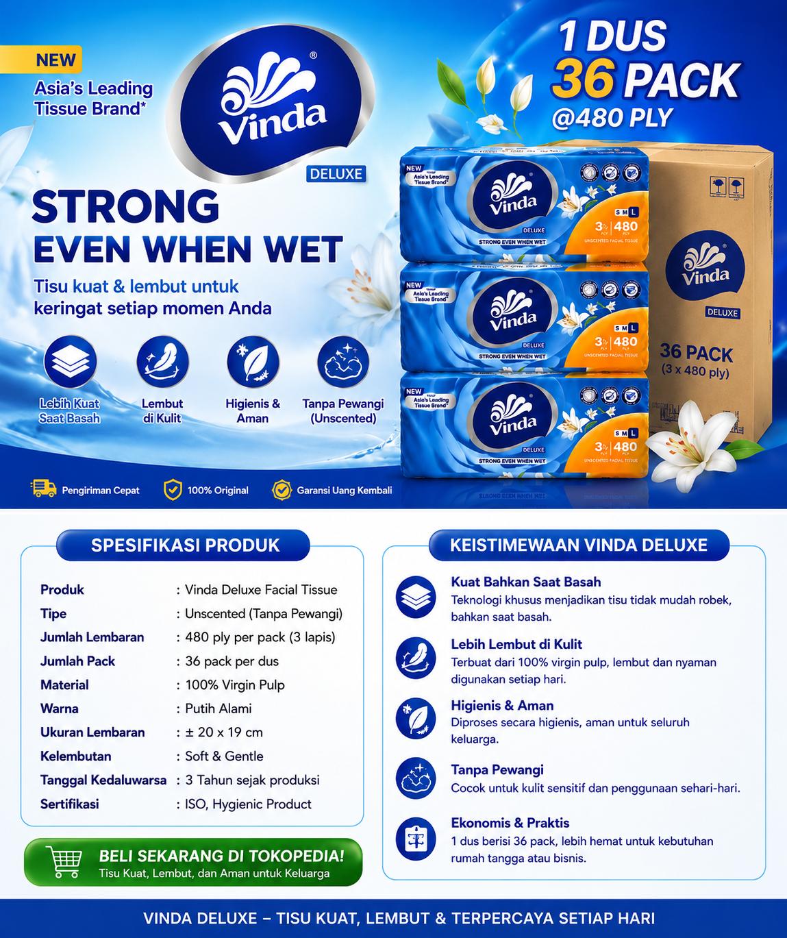 TISU FACIAL VINDA 480 SHEET @36PACK